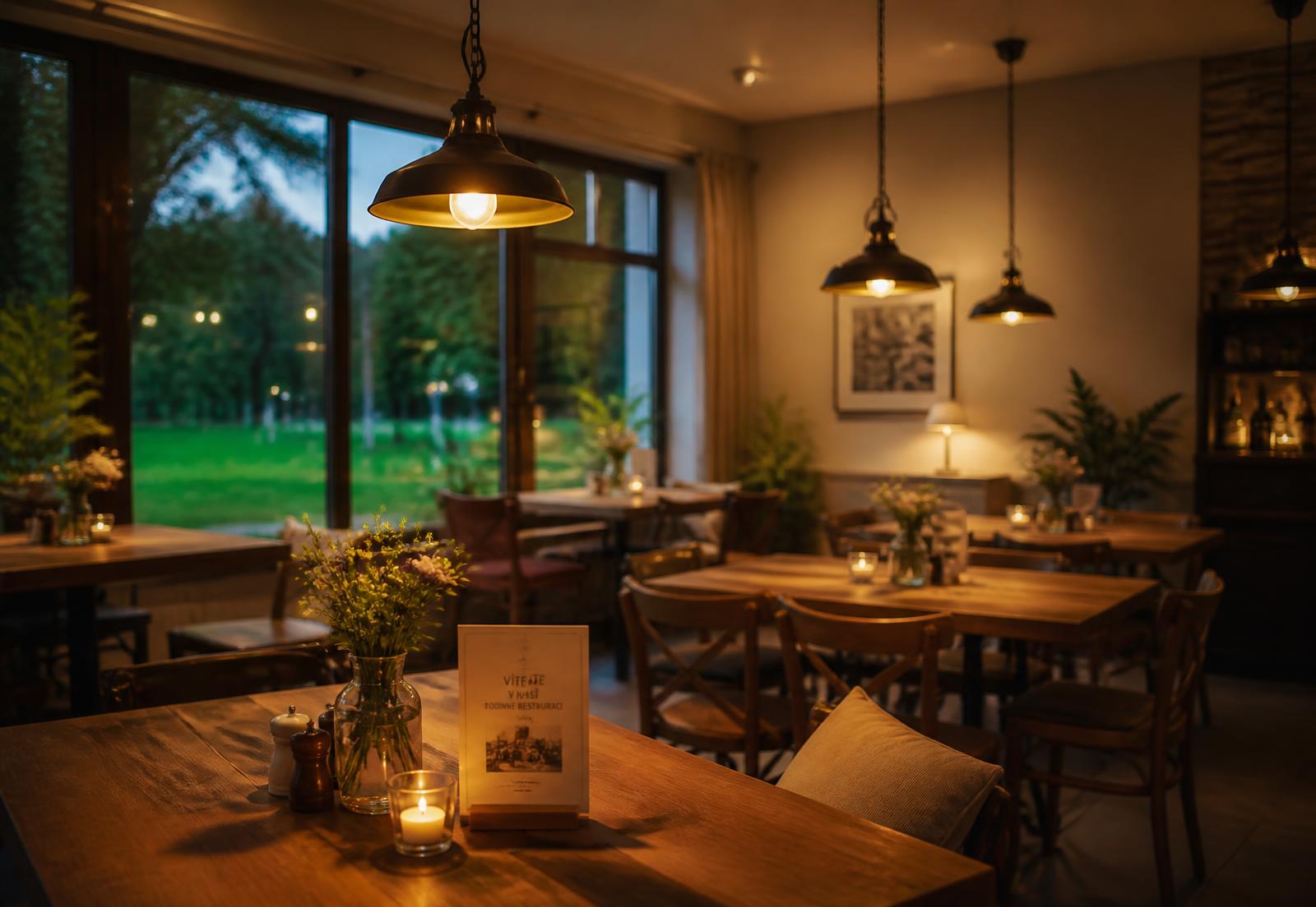 Interiér restaurace Sokolka po rekonstrukci s výhledem do parku